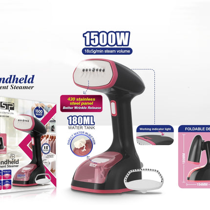 DSP 1500W Handheld Garment Steamer - 25s Heat-Up, 18g/min Steam, Foldable, 180ml Tank