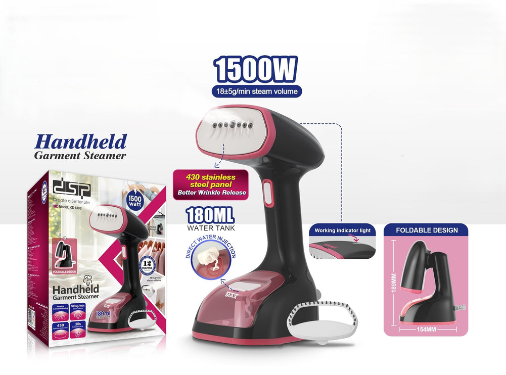 DSP 1500W Handheld Garment Steamer - 25s Heat-Up, 18g/min Steam, Foldable, 180ml Tank