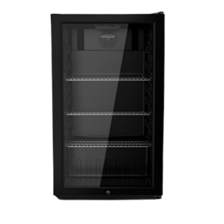 جنرال جولد 90L ثلاجة عرض سوداء GGVC90BB | ثلاجة مشروبات بباب زجاجي مع مروحة تبريد، ومقبض يدوي، وقفل ومفتاح، و3 رفوف - ثلاجة عرض صغيرة