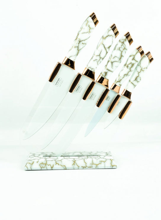 BOBSSEN 5 Pcs Knife Set with holder - (White-Gray-Black)/ طقم سكاكين من بوبسين . 5 قطع مع - (أبيض-رمادي-أسود)