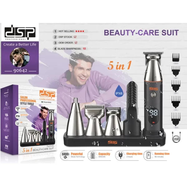 DSP 90642, 5-In-1 Rechargeable IPX6 Grooming Set