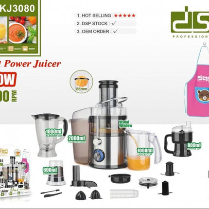 Dsp 21-In-1 Multi-Purpose Power Juicer Kj3080 1000W 16000Rpm 8827 Pure Copper Motor with Temperature Control Squeeze, Silver/Black