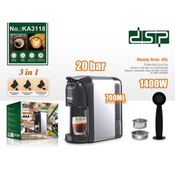 DSP 3-in-1 Capsule Coffee Machine KA3118 ,1400W, دي اس بي ماكينة صنع القهوة بالكبسولات 3 في 1، KA3118، 1400 واط،