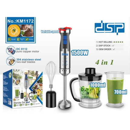 Dsp 4 IN 1 Hand Blender,Immersion Blender Handheld for Kitchen,Emulsion Blender Handheld with Titanium Blades,1500W Electric Hand Mixer with BPA Free Attachments:Chopper Bowl,Whisk,Measuring Cup,KM1172