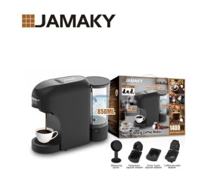 Jamaky Multi Capsule Coffee Maker with Italian technology JMK9016, 3 in 1 Household 1400W Automatic Drip Coffee Machine With 7 level volume selection DIY your taste 850mL Water Capacity - Black