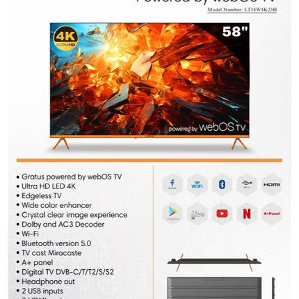 Gratus WebOS Powered 4K Edgeless UHD 58 Inch LED SMART TV With ThinQ AI, Quad Core Processor, Dolby Audio, Model- LT58W4K23H