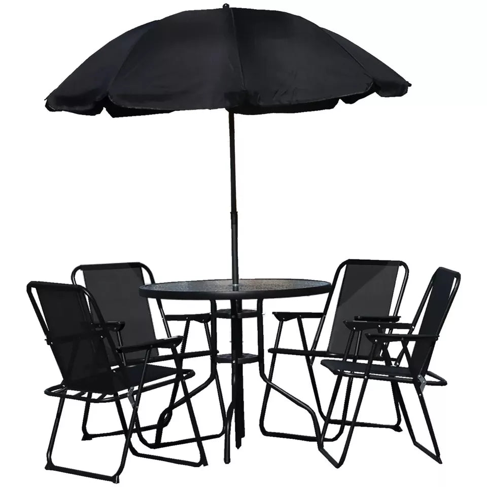 Kingfisher Garden Table with Parasol and 4 Chairs - Black