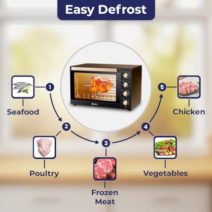SPJ Electric Oven, 100L Oven, 2800W With 7 Power Levels, 70-250 °C Adjustable Temp.,120 Minutes Timer, 360° Motorised Rotisserie, Inner Lamp, Easy to Use, Color - Brown, EOW-BR100L02, 1 Year Warranty