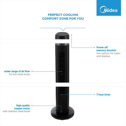 Midea Tower Fan with Multifunction Remote Control, 3 Wind modes-Natural | Slumberous & Normal, Three Dimensional Angle Air Flow, 15 Hours Timer Perfectly Suitable for Home or Office, FZ10-18TRB