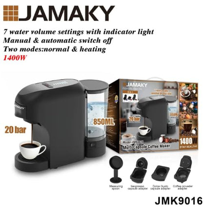Jamaky Multi Capsule Coffee Maker with Italian technology JMK9016, 3 in 1 Household 1400W Automatic Drip Coffee Machine With 7 level volume selection DIY your taste 850mL Water Capacity - Black