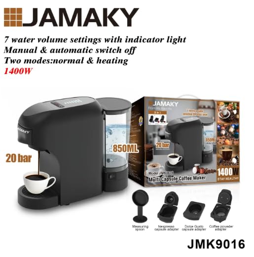 Jamaky Multi Capsule Coffee Maker with Italian technology JMK9016, 3 in 1 Household 1400W Automatic Drip Coffee Machine With 7 level volume selection DIY your taste 850mL Water Capacity - Black