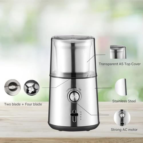 Homey Electric Coffee Grinder 200W with 3 Kinds of Fineness Selector, Stainless Steel Blades, 4 Capacity Choice, for Coffee Beans, Pepper, Spices, Herbs, Salts