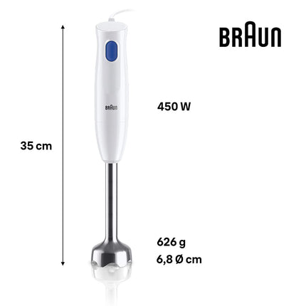 Braun MultiQuick 1 Hand Blender, 450 W, Chopper 350ml, Metal, 1 speed, Lightweight, BPA free, Dishwasher, WHITE - MQ 10.201 M WH