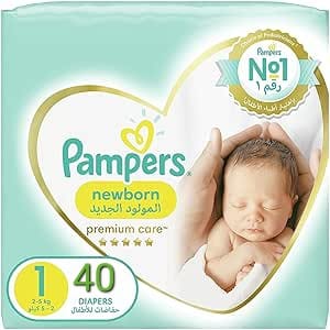 Pampers Premium Care Newborn Taped Diapers, Size 1, 2-5kg, Unique Softest Absorption for Ultimate Skin Protection, 40 Count