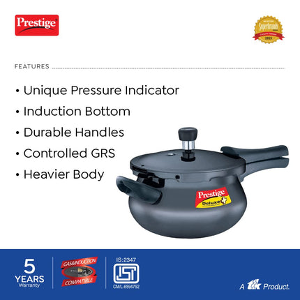 Prestige Deluxe Plus Hard Anodised Pressure Cooker 5 Ltr |Aluminium Pressure Cooker With Lid |Curved Design|User Friendly Handles Black