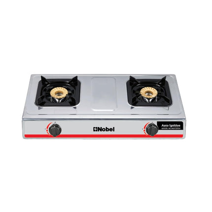Nobel Gas Stove with Dual Gas Burner/2 Brass Burners and Stainless Steel Brass & Auto Ignition Energy Saving - 710 x 410 x 140 (W x D x H) mm NGT2004 with 2 Year Warranty