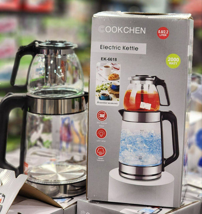 Cookchen Glass Electric Kettle with Samovar, 2000W Real Power, 0.8L and 2.2L Capacity EK-6618