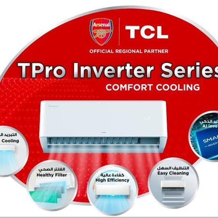 مكيف هواء سبليت TCL سعة 2 طن بتقنية العاكس من سلسلة T-Pro، 24000 وحدة حرارية بريطانية، T3 Tropical، غاز R410A، تبريد توربو، تحكم واي فاي، فلتر صحي، كفاءة عالية، موديل جديد 2024 TAC-24CSA-TPG11I