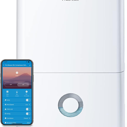 Pro Breeze 30L/Day Dehumidifier - Smart Compressor Dehumidifier with App, Wi-Fi, Continuous Drainage, 4L Water Tank, 24h Timer & Child Lock- Mould Remover & Moisture Absorber for Home & Bathroom