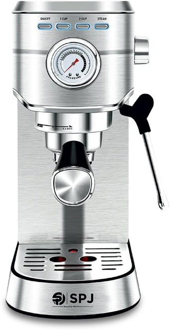 SPJ 20-Bar Espresso Coffee Machine with Professional Pump, Stainless Steel Espresso Maker, Real-Time Pressure Gauge, 1L Removable Water Tank, Cappuccino & Latte Maker, Silver, 1-Year Warranty