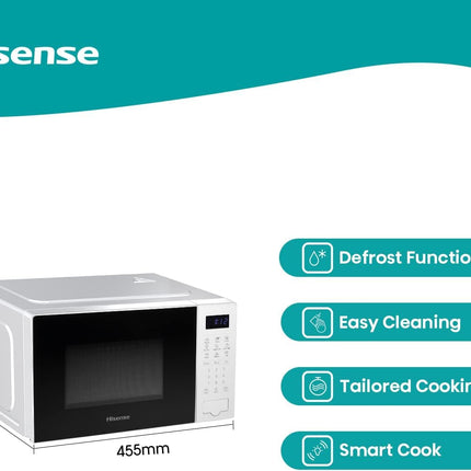 Hisense 700 Watts 20 Litre White Digital Solo Microwave Oven H20MOWS4UK Automatic Defrost, 9 Auto Cook Menus, Clock & Timer, Easy Clean