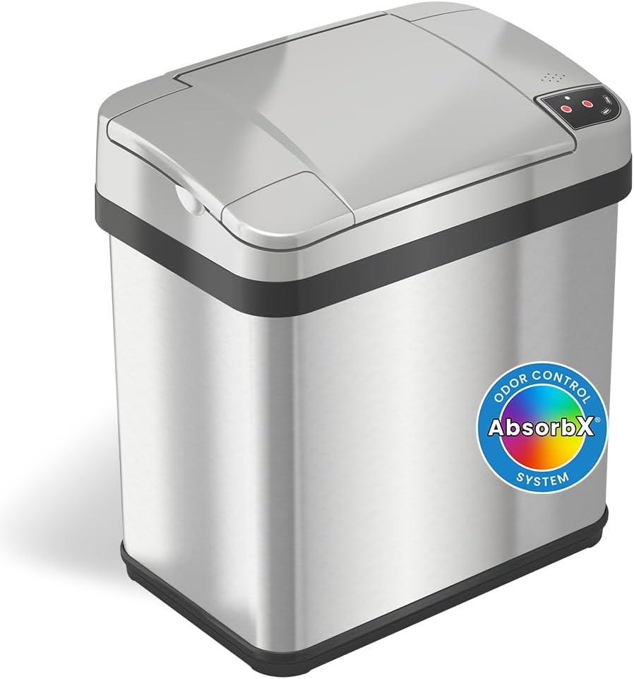 iTouchless 2.5 Gal Sensor Bathroom Trash Can with Lid and Odor Filter, Stainless Steel 10 Liter Small Waste Basket, Includes Air Freshener Fragrance Cartridge, Home Office Bedroom Kitchen Livingroom