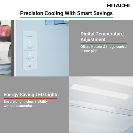 Hitachi 255L Top Mount Double Door Refrigerator, No Frost Fridge Freezer, High Power, 10 Year Warranty on Inverter Compressor, Tempered Glass Shelves, Brilliant Silver-HRTN5255MFXAE