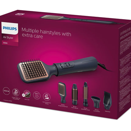 مجفف الشعر فيليبس 5000 سيريز إير ستايلر لتجفيف وتصفيف الشعر في وقت واحد، من تصفيف الشعر المبلل إلى الجاف مع العناية الأيونية وفرشاة غنية بزيت الأرغان، 5 ملحقات، أسود - BHA530/03