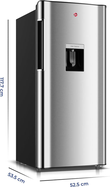 Hoover 195L Single Door Refrigerator With Water dispenser, Curved door design, Chiller Compartment, LED Lighting, Glass Shelves  HSD-K195-S