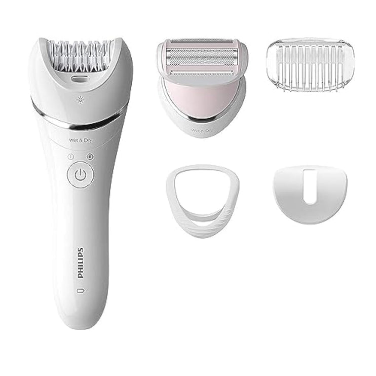 ماكينة إزالة الشعر اللاسلكية Philips Epilator Series 8000 للاستخدام الرطب والجاف للساقين والجسم مع 5 ملحقات. رأس حلاقة ومشط تشذيب. 3 دبابيس، Bre710/01.
