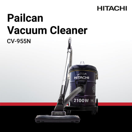 HITACHI Drum Vacuum Cleaner 2100 Watts, 18L Tank Dust Capacity, Aero Power Brush to Clean Efficiently, Metal Pipe, Dusting Brush & Crevice Nozzle, Washable Filter, Best for Home & Office, CV955NBLGCM