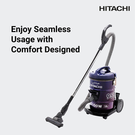 HITACHI Drum Vacuum Cleaner 2100 Watts, 18L Tank Dust Capacity, Aero Power Brush to Clean Efficiently, Metal Pipe, Dusting Brush & Crevice Nozzle, Washable Filter, Best for Home & Office, CV955NBLGCM