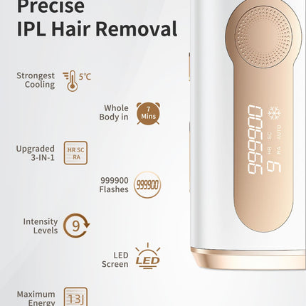 ZKMAGIC IPL Laser Hair Removal Device with Painless & 3-in-1 Features, Ice Cooling Hair Remover for Women and Men, 9 Levels and 2 Modes for Long Lasting Result on The Whole Body