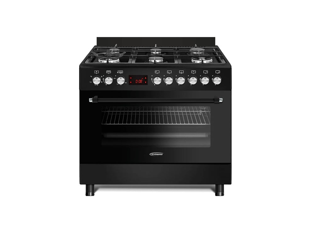 General Gold 6 Burner Gas Cooking Range 90x60 cm, Freestanding Cooker Italian Parts, Gas Oven Grill with Triple Glass Door, Dual Wok Burners, Cast Iron Pan Support, Rotisserie, Heavy Duty Stove