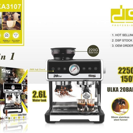 DSP KA3107 Espresso Coffee Maker 2.6L Water Tank | ULKA 20 Bar + 4 Bar.2250W