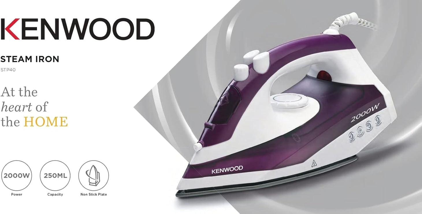 Kenwood Steam Iron 2000W, 250ml, Non-Stick Soleplate, 18/120g Steam, Purple, Stp40.000Wp.