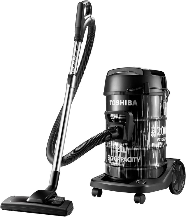 Toshiba Drum Type Vacuum Cleaner, 22000Pa Suction 2200 Watts 22 Liters Push Handle & Big Wheels Blowing Function, Ideal for Home & Car Interior Cleaning, Grey/Black, VC-DR220A, 1-Year Warranty