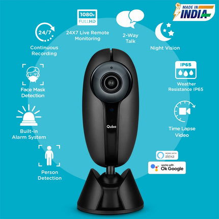 Qubo Smart Home Security Wifi Camera With Intruder Alarm System | 1080P Full Hd 2Mp Camera | Weather Resistant | Alexa & Ok Google Enabled | By Hero Group