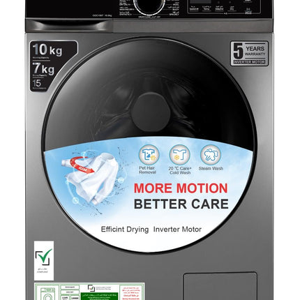 غسالة ومجفف جنرال جولد كومبو، سعة 10 كجم غسيل، 7 كجم تجفيف، 15 برنامج، محرك عاكس 1400 دورة في الدقيقة، غسيل بالبخار، إزالة شعر الحيوانات الأليفة، تحميل أمامي، فضي من الفولاذ المقاوم للصدأ