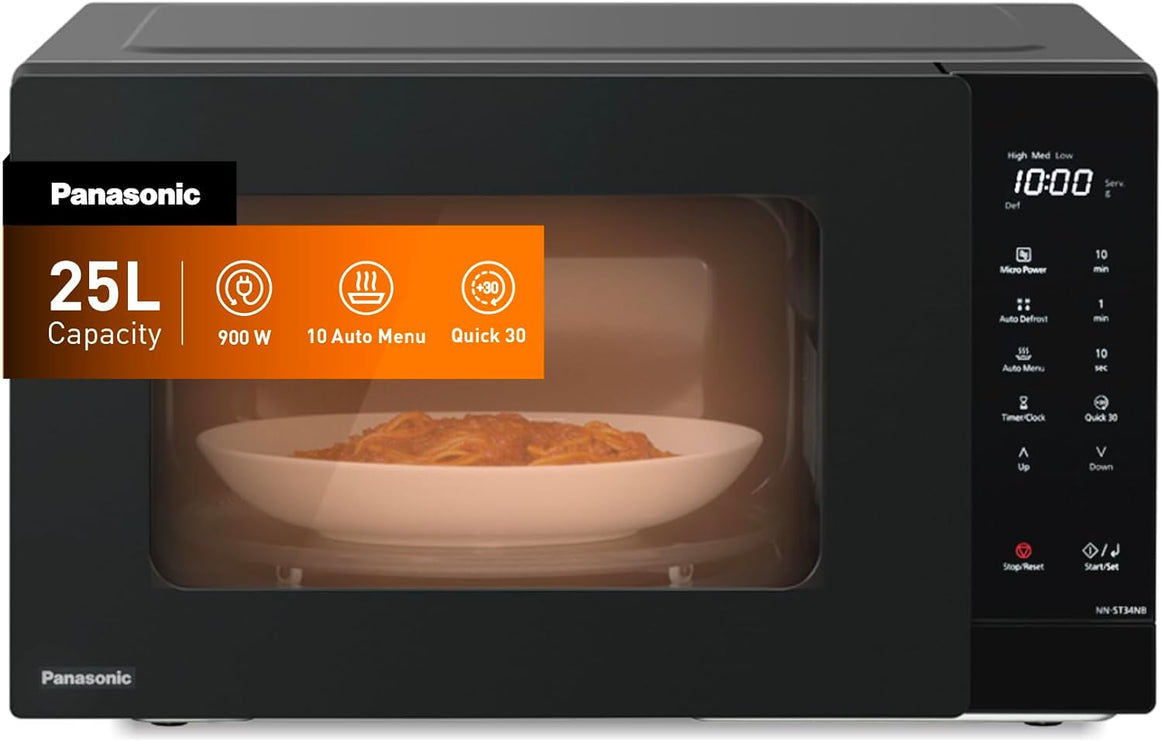Panasonic 25L Solo Microwave Oven, 900W Power, 5 Power Levels, 10 Auto Programs, Quick 30 Function & Auto Defrost, Compact Countertop Microwave, Large Interior, Black, 1 Year Warranty – NN-ST34NBKPQ