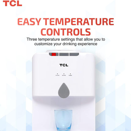 Tcl Water Dispenser, Top Loading, Hot, Cold & Normal Water Temperature, Best For Home, Kitchen, Office & Pantry, Compact Size, 3 Taps/Faucet, Child Safety Lock, White Colour, Ty-Lwyr19W