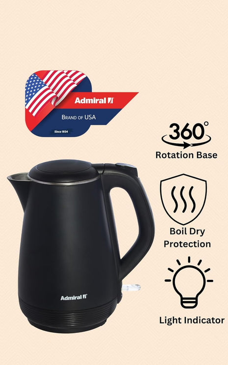 Admiral Electric Kettle 1L, With Open Lid Opening Function, Double Layered, Boil Dry Protection, Black, 1 Year Warranty, ADKT170GSS3.