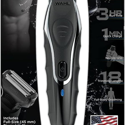 مجموعة ماكينة حلاقة WAHL Aqua Groom القابلة لإعادة الشحن، ماكينة حلاقة ليثيوم أيون مقاومة للماء، ماكينة حلاقة وتفاصيل، 12 مشطًا لأطوال مختلفة لقص شعر اللحية، مدة تشغيل 3 ساعات، 09899-027