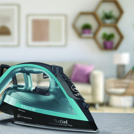 TEFAL Ultraglish Steam Iron, Durilium Airglide, Anti-calc, Anti Drip, 2800 Watts, Blue/Black  2800(خدوش جانبيه)