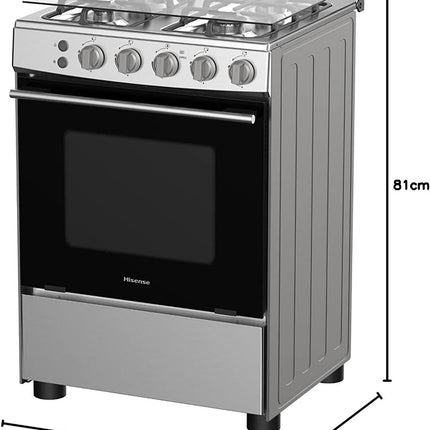 Hisense Freestanding 60 cm Gas cooker with 4 Burners with FFD Autoignition, Cast Iron Pan Support, Wok Burner, Glass Lid, Flame Failure, Oven cap, Gas Grill - ‎HFG60121X