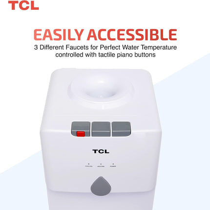 Tcl Water Dispenser, Top Loading, Hot, Cold & Normal Water Temperature, Best For Home, Kitchen, Office & Pantry, Compact Size, 3 Taps/Faucet, Child Safety Lock, White Colour, Ty-Lwyr19W