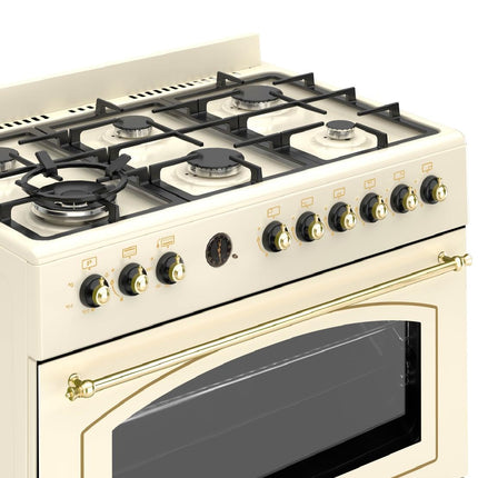 General Gold 90x60 cm Freestanding Gas Cooker 6 Burner, Dual Wok, Gas Oven Grill with Triple Glass Door, 90cm Heavy Duty Cooking Range Automatic Ignition, Full FFD Safety, Rotisserie, Cooling Fan
