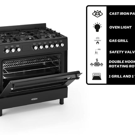 General Gold 6 Burner Gas Cooking Range 90x60 cm, Freestanding Cooker Italian Parts, Gas Oven Grill with Triple Glass Door, Dual Wok Burners, Cast Iron Pan Support, Rotisserie, Heavy Duty Stove