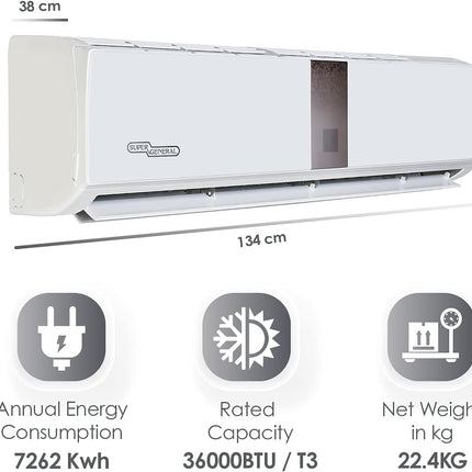 مكيف هواء سبليت سوبر جنرال، 3 طن، 36000 وحدة حرارية بريطانية، ضاغط ترددي، إعادة تشغيل تلقائي، زعنفة ذهبية، دوران في 4 اتجاهات، SGS-370-CE، أبيض - 134 × 45 × 38 سم، ضمان لمدة عام واحد