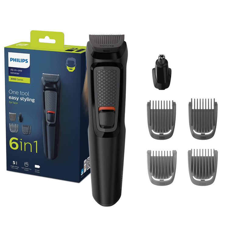 Philips Multigroom Series 3000 for Face, 6-in-1 Grooming Kit for beard, moustache, nose & ear hair, cordless, 60 min runtime, 16h full charging time, MG3710/33,Black